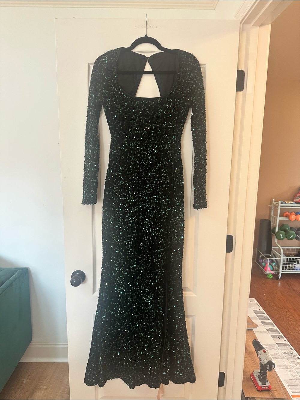 Lulus Rhonna Emerald Green Velvet Sequin Mermaid Maxi Dress Size Medium - Picture 5 of 10